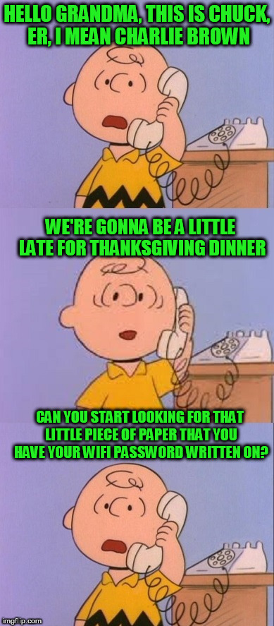 Happy Thanksgiving and God Bless! | HELLO GRANDMA, THIS IS CHUCK, ER, I MEAN CHARLIE BROWN; WE'RE GONNA BE A LITTLE LATE FOR THANKSGIVING DINNER; CAN YOU START LOOKING FOR THAT LITTLE PIECE OF PAPER THAT YOU HAVE YOUR WIFI PASSWORD WRITTEN ON? | image tagged in thanksgiving,charlie brown,wifi | made w/ Imgflip meme maker