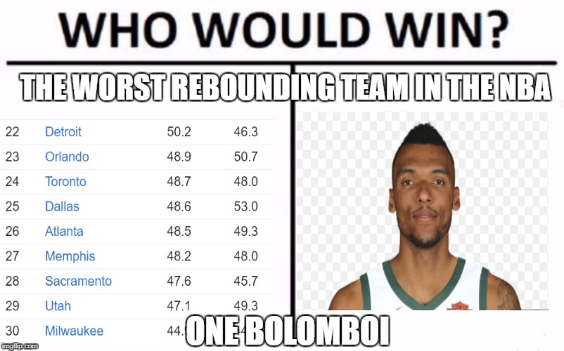 Who Would Win? Meme | THE WORST REBOUNDING TEAM IN THE NBA; ONE BOLOMBOI | image tagged in who would win,MkeBucks | made w/ Imgflip meme maker