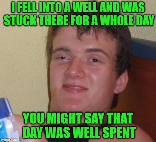 10 Guy | I FELL INTO A WELL AND WAS STUCK THERE FOR A WHOLE DAY; YOU MIGHT SAY THAT DAY WAS WELL SPENT | image tagged in memes,10 guy | made w/ Imgflip meme maker