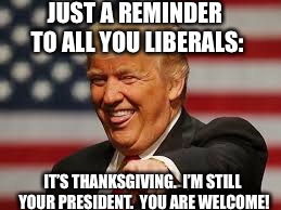 THanksgiving | JUST A REMINDER TO ALL YOU LIBERALS:; IT’S THANKSGIVING.  I’M STILL YOUR PRESIDENT.  YOU ARE WELCOME! | image tagged in thanksgiving | made w/ Imgflip meme maker