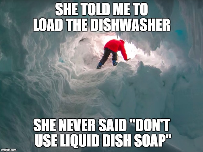 Dish Washer Fail | SHE TOLD ME TO LOAD THE DISHWASHER; SHE NEVER SAID "DON'T USE LIQUID DISH SOAP" | image tagged in puppies and kittens,beer,football,marriage,politics | made w/ Imgflip meme maker