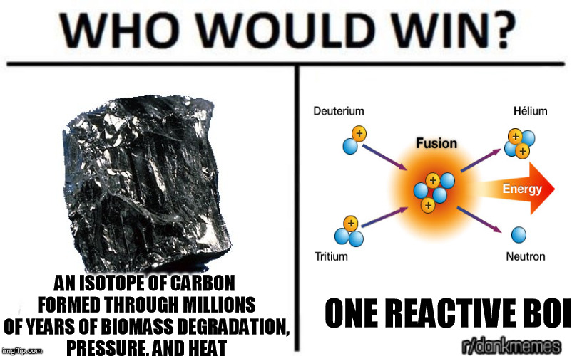 who would win | AN ISOTOPE OF CARBON FORMED THROUGH MILLIONS OF YEARS OF BIOMASS DEGRADATION, PRESSURE, AND HEAT; ONE REACTIVE BOI | image tagged in who would win | made w/ Imgflip meme maker