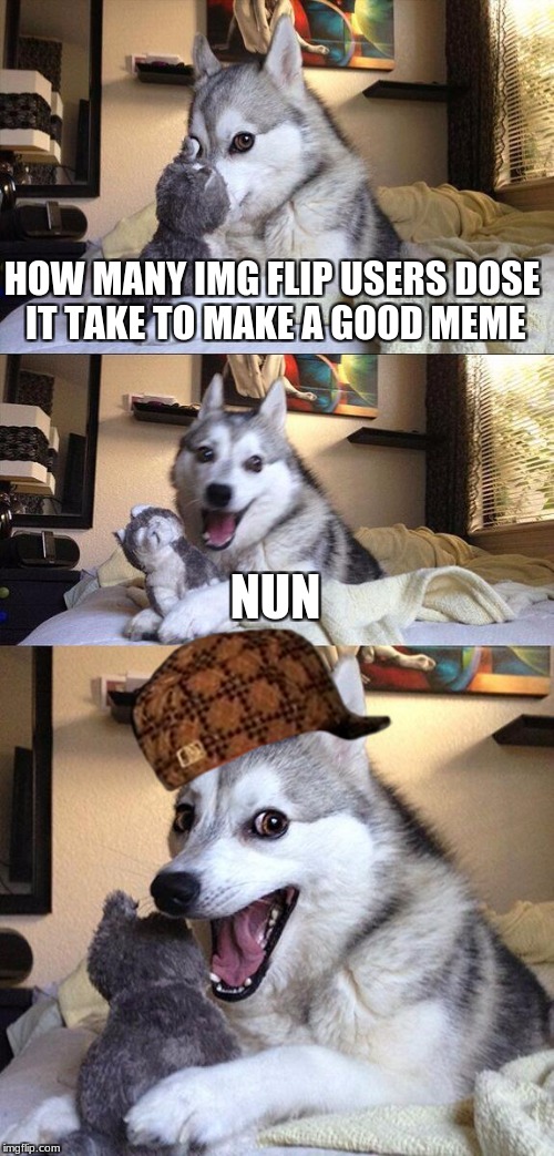 Bad Pun Dog | HOW MANY IMG FLIP USERS DOSE IT TAKE TO MAKE A GOOD MEME; NUN | image tagged in memes,bad pun dog,scumbag | made w/ Imgflip meme maker