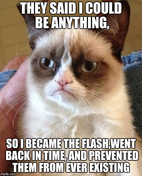 Grumpy Cat Meme | THEY SAID I COULD BE ANYTHING, SO I BECAME THE FLASH,WENT BACK IN TIME, AND PREVENTED THEM FROM EVER EXISTING | image tagged in memes,grumpy cat | made w/ Imgflip meme maker