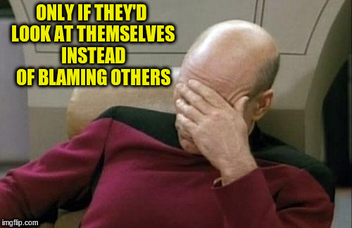 Captain Picard Facepalm Meme | ONLY IF THEY'D LOOK AT THEMSELVES INSTEAD OF BLAMING OTHERS | image tagged in memes,captain picard facepalm | made w/ Imgflip meme maker