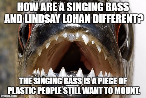 Singing Bass plastic surgery fail | HOW ARE A SINGING BASS AND LINDSAY LOHAN DIFFERENT? THE SINGING BASS IS A PIECE OF PLASTIC PEOPLE STILL WANT TO MOUNT. | image tagged in bad joke piranha,piece of ass,lindsay lohan,plastic surgery,singing bass,hollywood | made w/ Imgflip meme maker