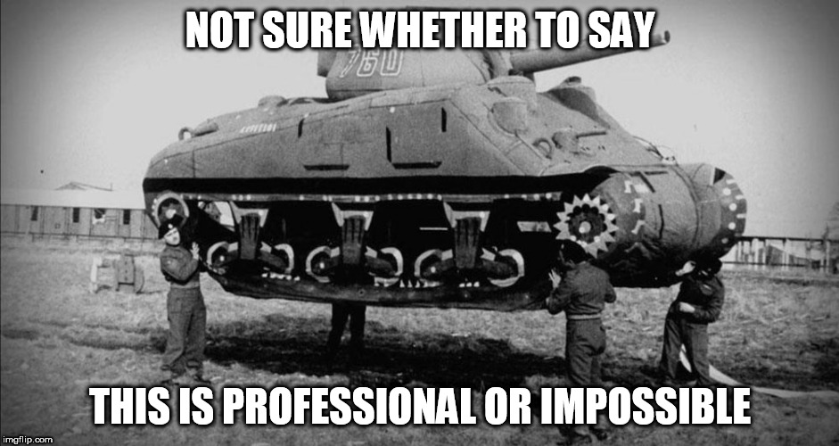 professional or impossible | NOT SURE WHETHER TO SAY; THIS IS PROFESSIONAL OR IMPOSSIBLE | image tagged in tank,ww2 | made w/ Imgflip meme maker