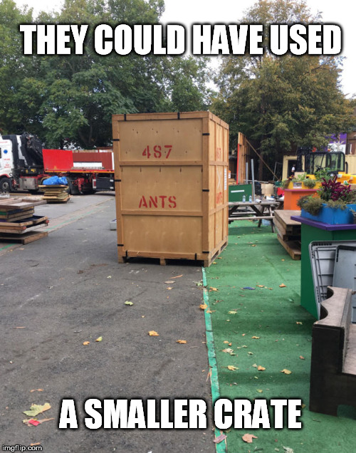 Ants | THEY COULD HAVE USED; A SMALLER CRATE | image tagged in ants,package,delivery,shipping | made w/ Imgflip meme maker