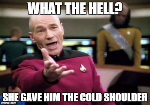 Picard Wtf Meme | WHAT THE HELL? SHE GAVE HIM THE COLD SHOULDER | image tagged in memes,picard wtf | made w/ Imgflip meme maker
