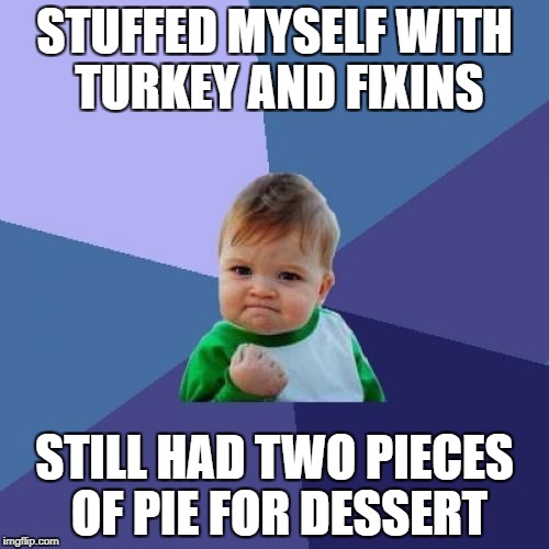 Success Kid | STUFFED MYSELF WITH TURKEY AND FIXINS; STILL HAD TWO PIECES OF PIE FOR DESSERT | image tagged in memes,success kid | made w/ Imgflip meme maker