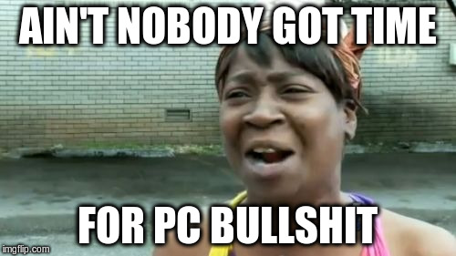 Ain't Nobody Got Time For That Meme | AIN'T NOBODY GOT TIME FOR PC BULLSHIT | image tagged in memes,aint nobody got time for that | made w/ Imgflip meme maker