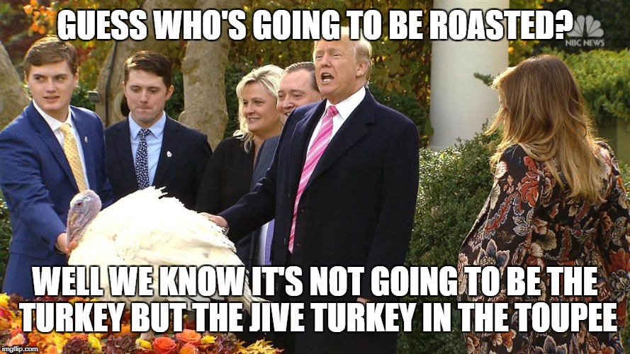 Trump pardons turkey | GUESS WHO'S GOING TO BE ROASTED? WELL WE KNOW IT'S NOT GOING TO BE THE TURKEY BUT THE JIVE TURKEY IN THE TOUPEE | image tagged in trump pardons turkey | made w/ Imgflip meme maker