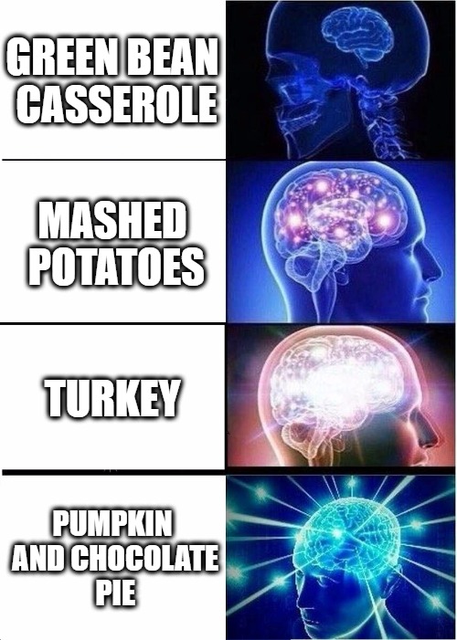 Thanksgiving Food | GREEN BEAN CASSEROLE; MASHED POTATOES; TURKEY; PUMPKIN AND CHOCOLATE PIE | image tagged in memes,expanding brain,thanksgiving,happy thanksgiving | made w/ Imgflip meme maker