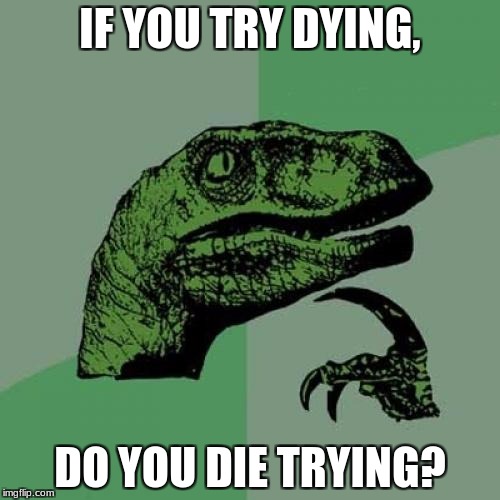 Philosoraptor Meme | IF YOU TRY DYING, DO YOU DIE TRYING? | image tagged in memes,philosoraptor | made w/ Imgflip meme maker
