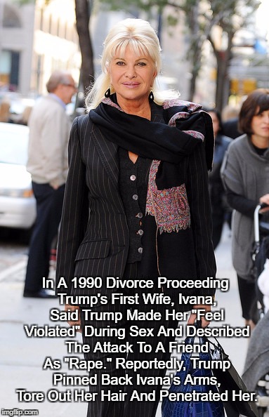 Reprise: "Trump Raped His Wife" | In A 1990 Divorce Proceeding Trump's First Wife, Ivana, Said Trump Made Her "Feel Violated" During Sex And Described The Attack To A Friend  | image tagged in deplorable donald,despicable donald,devious donald,dishonorable donald,delusional donald,dishonest donald | made w/ Imgflip meme maker