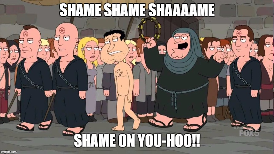 Family Guy Shame | SHAME SHAME SHAAAAME; SHAME ON YOU-HOO!! | image tagged in family guy shame | made w/ Imgflip meme maker