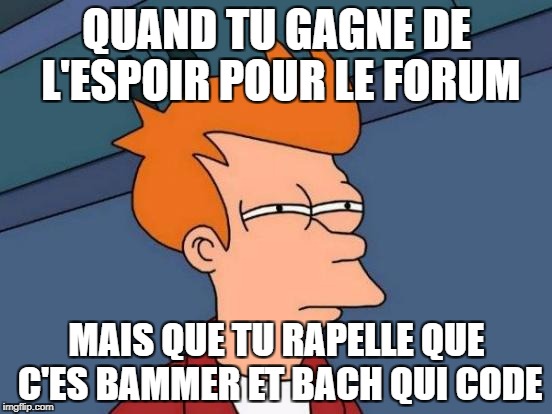 Futurama Fry Meme | QUAND TU GAGNE DE L'ESPOIR POUR LE FORUM; MAIS QUE TU RAPELLE QUE C'ES BAMMER ET BACH QUI CODE | image tagged in memes,futurama fry | made w/ Imgflip meme maker