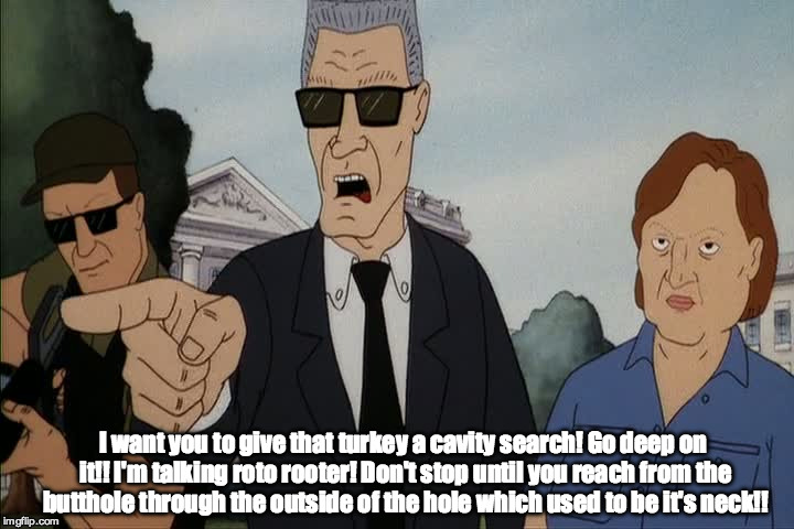 Assshpincter says what? | I want you to give that turkey a cavity search! Go deep on it!! I'm talking roto rooter! Don't stop until you reach from the butthole through the outside of the hole which used to be it's neck!! | image tagged in agent flemming,beavis and butthead do america | made w/ Imgflip meme maker