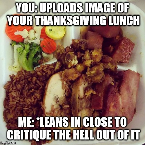 YOU: UPLOADS IMAGE OF YOUR THANKSGIVING LUNCH; ME: *LEANS IN CLOSE TO CRITIQUE THE HELL OUT OF IT | image tagged in thanksgiving,food | made w/ Imgflip meme maker
