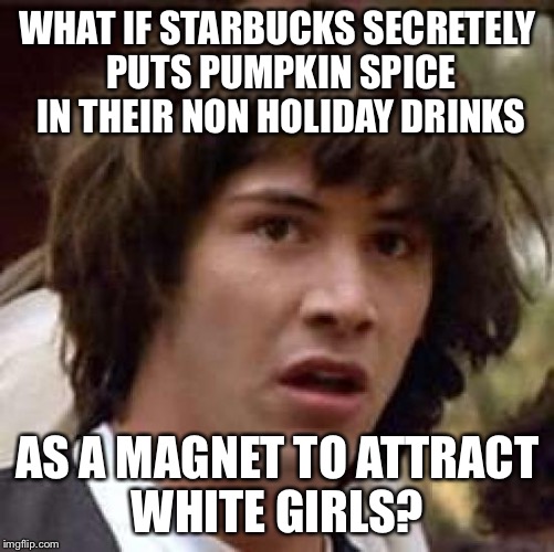 Conspiracy Keanu Meme | WHAT IF STARBUCKS SECRETELY PUTS PUMPKIN SPICE IN THEIR NON HOLIDAY DRINKS; AS A MAGNET TO ATTRACT WHITE GIRLS? | image tagged in memes,conspiracy keanu | made w/ Imgflip meme maker