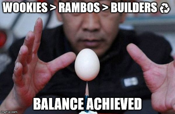 balance | WOOKIES > RAMBOS > BUILDERS ♻; BALANCE ACHIEVED | image tagged in balance | made w/ Imgflip meme maker