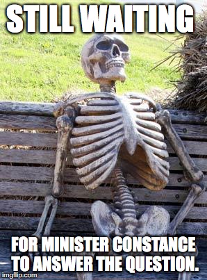 Waiting Skeleton Meme | STILL WAITING; FOR MINISTER CONSTANCE TO ANSWER THE QUESTION. | image tagged in memes,waiting skeleton | made w/ Imgflip meme maker