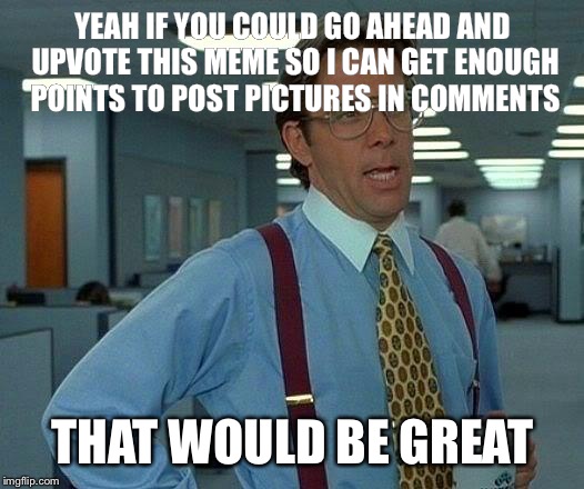 That Would Be Great | YEAH IF YOU COULD GO AHEAD AND UPVOTE THIS MEME SO I CAN GET ENOUGH POINTS TO POST PICTURES IN COMMENTS; THAT WOULD BE GREAT | image tagged in memes,that would be great | made w/ Imgflip meme maker