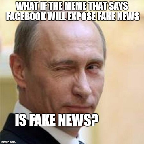 Putin Winking | WHAT IF THE MEME THAT SAYS FACEBOOK WILL EXPOSE FAKE NEWS; IS FAKE NEWS? | image tagged in putin winking | made w/ Imgflip meme maker