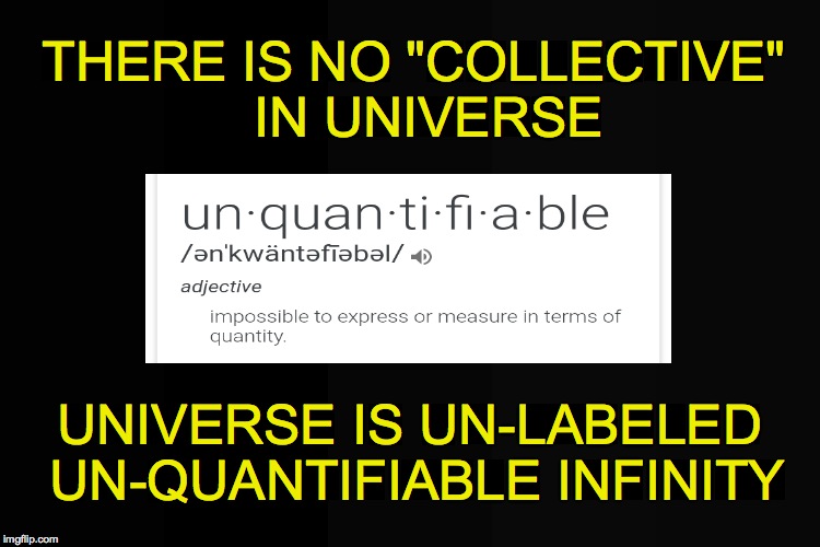 THERE IS NO "COLLECTIVE"  IN UNIVERSE; UNIVERSE IS UN-LABELED UN-QUANTIFIABLE INFINITY | made w/ Imgflip meme maker