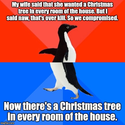 Socially Awesome Awkward Penguin Meme | My wife said that she wanted a Christmas tree in every room of the house. But I said naw, that's over kill. So we compromised. Now there's a Christmas tree in every room of the house. | image tagged in memes,socially awesome awkward penguin | made w/ Imgflip meme maker