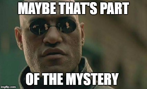 Matrix Morpheus Meme | MAYBE THAT'S PART OF THE MYSTERY | image tagged in memes,matrix morpheus | made w/ Imgflip meme maker