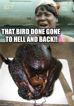 I might have left it in a touch too long. | THAT BIRD DONE GONE TO HELL AND BACK!! | image tagged in aint nobody got time for that,thanksgiving | made w/ Imgflip meme maker