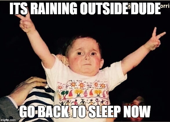 Hell Yeah | ITS RAINING OUTSIDE DUDE; GO BACK TO SLEEP NOW | image tagged in hell yeah | made w/ Imgflip meme maker