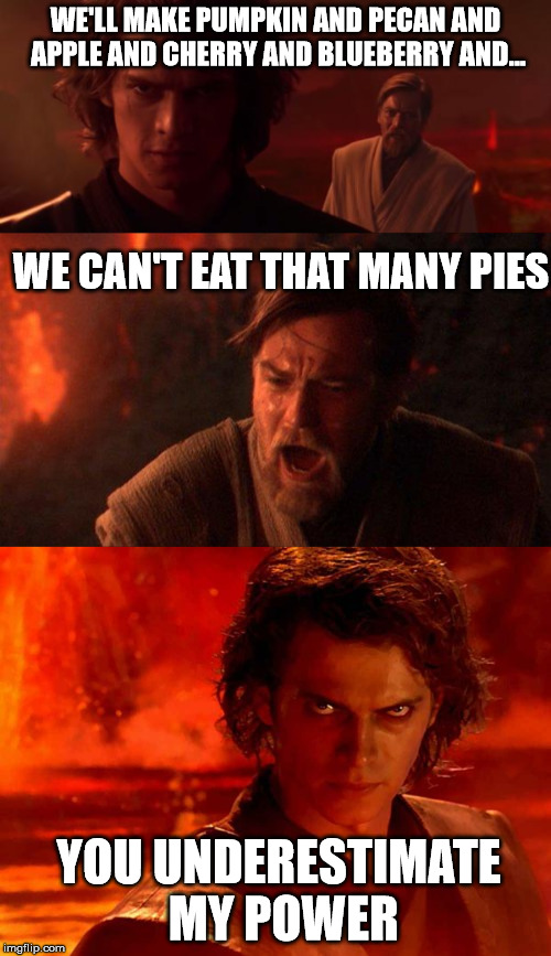 going all out for Thanksgiving dinner | WE'LL MAKE PUMPKIN AND PECAN AND APPLE AND CHERRY AND BLUEBERRY AND... WE CAN'T EAT THAT MANY PIES; YOU UNDERESTIMATE MY POWER | image tagged in thanksgiving dinner,thanksgiving,happy thanksgiving,thanksgiving day | made w/ Imgflip meme maker