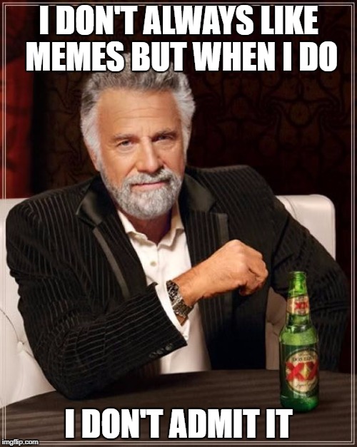The Most Interesting Man In The World Meme | I DON'T ALWAYS LIKE MEMES BUT WHEN I DO; I DON'T ADMIT IT | image tagged in memes,the most interesting man in the world | made w/ Imgflip meme maker