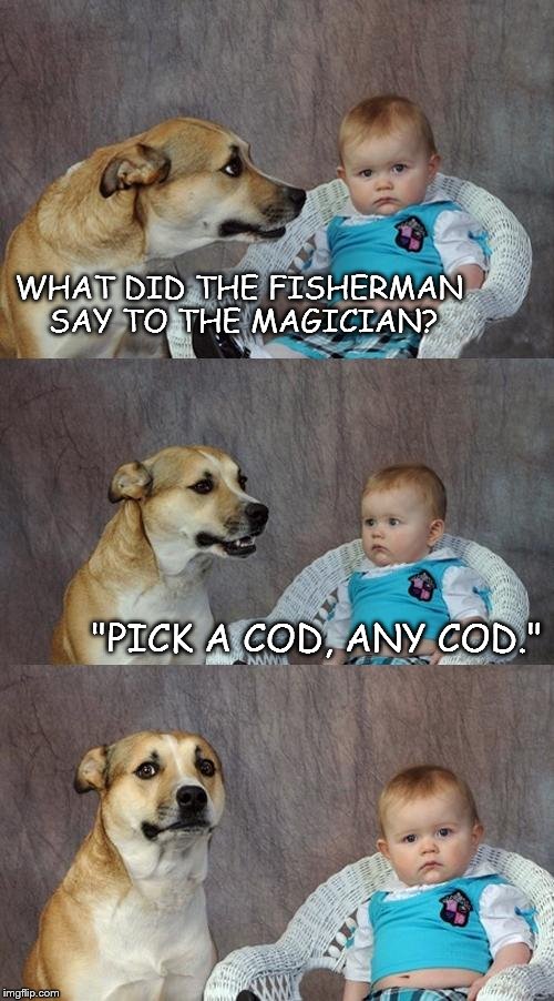 Dad Joke Dog Meme | WHAT DID THE FISHERMAN SAY TO THE MAGICIAN? "PICK A COD, ANY COD." | image tagged in memes,dad joke dog | made w/ Imgflip meme maker