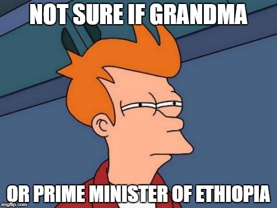 Futurama Fry Meme | NOT SURE IF GRANDMA OR PRIME MINISTER OF ETHIOPIA | image tagged in memes,futurama fry | made w/ Imgflip meme maker