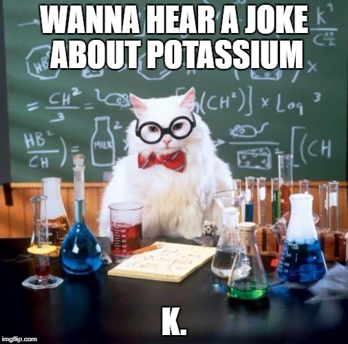 CHEMISTRY CAT
 | WANNA HEAR A JOKE ABOUT POTASSIUM; K. | image tagged in memes,chemistry cat | made w/ Imgflip meme maker