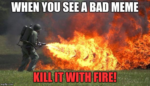 flamethrower | WHEN YOU SEE A BAD MEME; KILL IT WITH FIRE! | image tagged in flamethrower | made w/ Imgflip meme maker