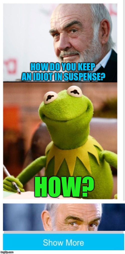 HOW DO YOU KEEP AN IDIOT IN SUSPENSE? HOW? | image tagged in memes,kermit vs connery,sean connery  kermit | made w/ Imgflip meme maker