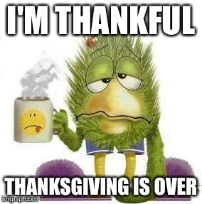 SICK & TIRED | I'M THANKFUL; THANKSGIVING IS OVER | image tagged in sick  tired | made w/ Imgflip meme maker