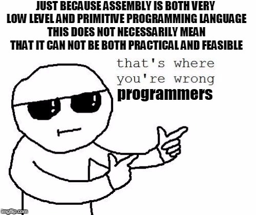 That's where you're wrong kiddo | JUST BECAUSE ASSEMBLY IS BOTH VERY LOW LEVEL AND PRIMITIVE PROGRAMMING LANGUAGE THIS DOES NOT NECESSARILY MEAN THAT IT CAN NOT BE BOTH PRACTICAL AND FEASIBLE; programmers | image tagged in that's where you're wrong kiddo | made w/ Imgflip meme maker