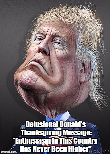 "Delusional Donald's Thanksgiving Message" | Delusional Donald's Thanksgiving Message:; "Enthusiasm In This Country Has Never Been Higher" | image tagged in deplorable donald,despicable donald,dishonorable donald,devious donald,dishonest donald,delusional donald | made w/ Imgflip meme maker