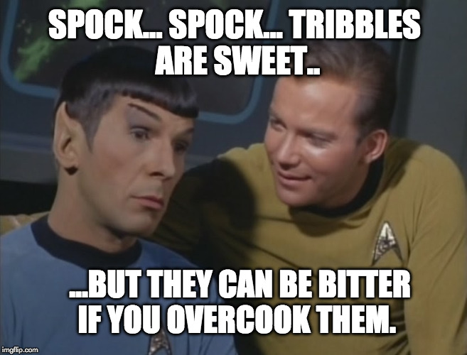 Spock... Spock... | SPOCK... SPOCK...
TRIBBLES ARE SWEET.. ...BUT THEY CAN BE BITTER IF YOU OVERCOOK THEM. | image tagged in spock spock | made w/ Imgflip meme maker