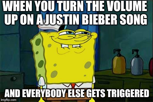 Don't You Squidward | WHEN YOU TURN THE VOLUME UP ON A JUSTIN BIEBER SONG; AND EVERYBODY ELSE GETS TRIGGERED | image tagged in memes,dont you squidward | made w/ Imgflip meme maker