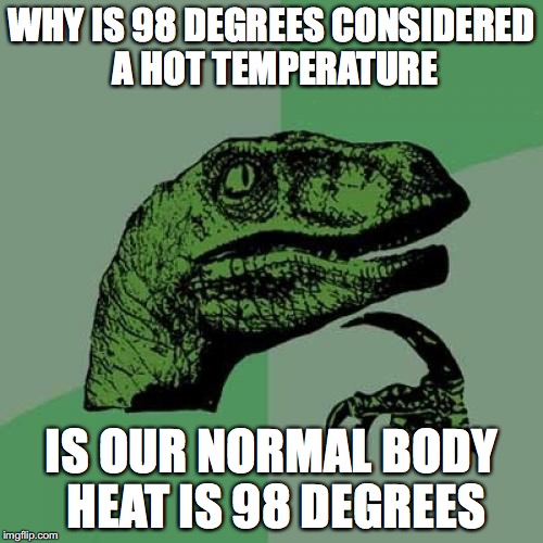 Philosoraptor Meme | WHY IS 98 DEGREES CONSIDERED A HOT TEMPERATURE; IS OUR NORMAL BODY HEAT IS 98 DEGREES | image tagged in memes,philosoraptor,funny,riddle me this,explain | made w/ Imgflip meme maker
