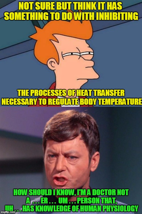 NOT SURE BUT THINK IT HAS SOMETHING TO DO WITH INHIBITING THE PROCESSES OF HEAT TRANSFER NECESSARY TO REGULATE BODY TEMPERATURE HOW SHOULD I | made w/ Imgflip meme maker