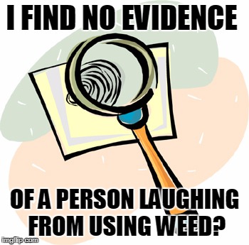 Magnifying Glass | I FIND NO EVIDENCE OF A PERSON LAUGHING FROM USING WEED? | image tagged in magnifying glass | made w/ Imgflip meme maker