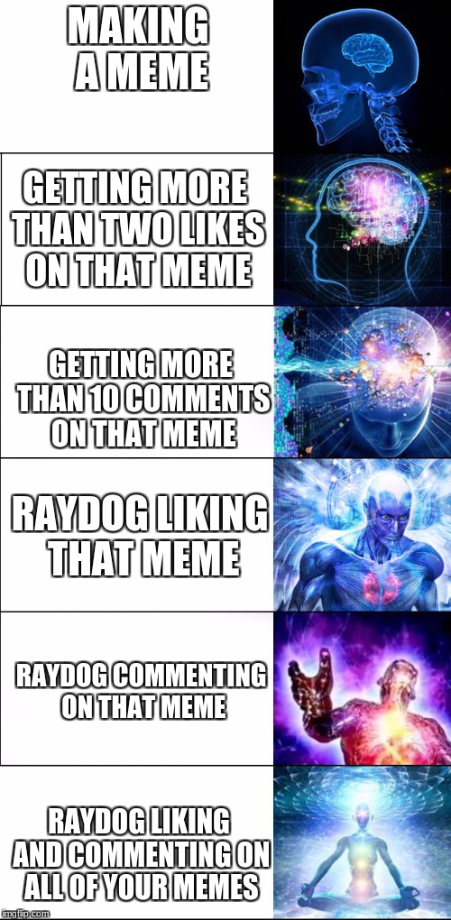 I may have a heart attack if Raydog likes and comments on this meme. | MAKING A MEME; GETTING MORE THAN TWO LIKES ON THAT MEME; GETTING MORE THAN 10 COMMENTS ON THAT MEME; RAYDOG LIKING THAT MEME; RAYDOG COMMENTING ON THAT MEME; RAYDOG LIKING AND COMMENTING ON ALL OF YOUR MEMES | image tagged in expanding brain,raydog,memes,funny | made w/ Imgflip meme maker