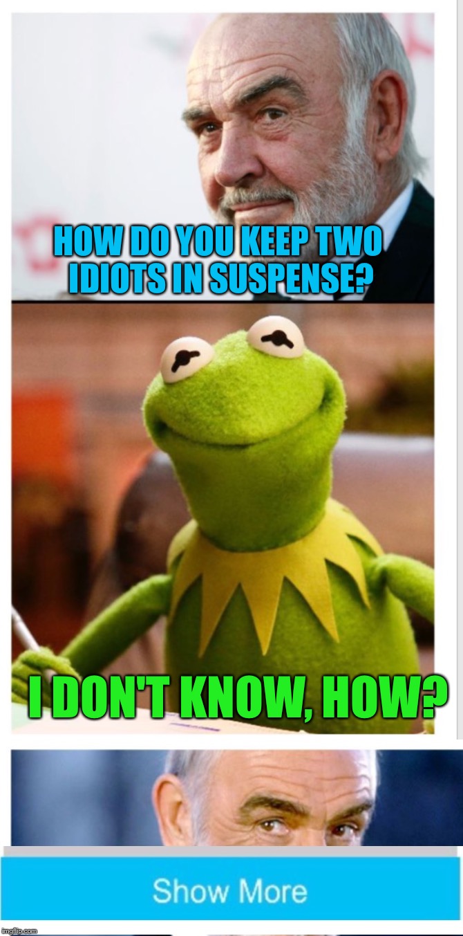 HOW DO YOU KEEP TWO IDIOTS IN SUSPENSE? I DON'T KNOW, HOW? | image tagged in memes,is this meme hd,sean connery  kermit | made w/ Imgflip meme maker
